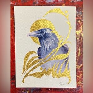 Original raven Art painting crow Watercolor Gold accents Moon surreal Artettina